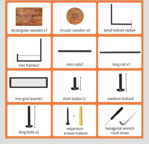 Components of Heavy Duty Motorcycle Helmet Holder Wall Mount, including wooden pieces and hardware for assembly.