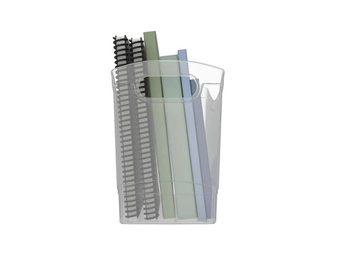Slick 12 Quart Clear Storage Bins With Built In Carry Handles Narrow Rectangular Organizer Containers For Pantry Closet Cabinet Shelf And Home Organization Straight Up Durable Two Pack holding notebooks and a grid organizer.