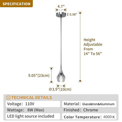 Teardrop Crystal Chrome Globe Pendant Light Fixture specifications with dimensions and material details.