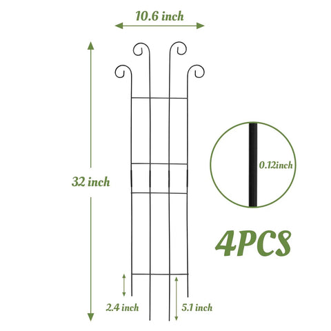 Four Pack 32 Inch Tall Wave Shape Black Metal Garden Trellis Set For Climbing Plants Indoors And Outdoors dimensions chart
