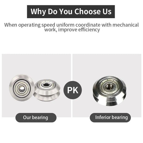 Comparison of Tuned Up Stainless Steel V Slot Pulleys Featuring Precision 625ZZ Bearings and inferior bearing side by side.