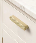 Tough As Nails Gold Cabinet Pulls Five Inch Hole Center Slick Zinc Alloy Drawer Handles For Kitchen Bedroom Closet Upgrade Easy Peasy Mount Solid Build 10 Pack on a white cabinet.