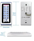 Standalone Door Access Control System With Backlit Password Keypad And Includes Five Proximity Key Fobs Supports 2000 Users Card Reader Weatherproof Zinc Alloy Case For Garage Door And Gate Opener showing front, back, and side views with dimensions.