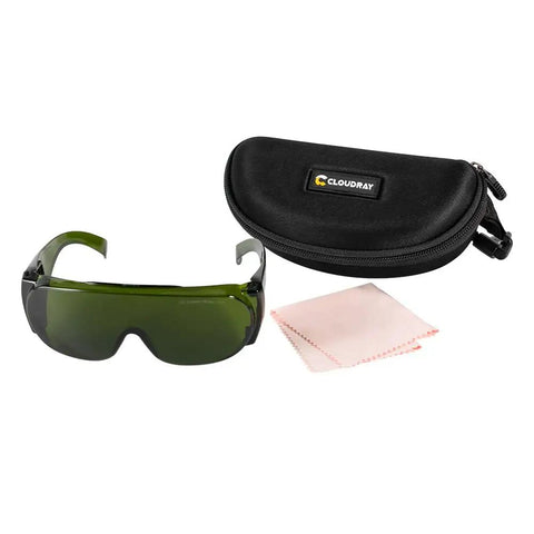 Top Shelf Fiber Laser Eye Protection Glasses With 1064Nm Coverage And OD Six Plus Lock Your Rig With These Hardcore Fiber Laser Safety Goggles For Serious Bench Game, with case and cleaning cloth.