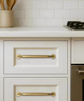 2 Pack 4 Inch Hole Center Brushed Gold Cabinet Pulls Heavy Duty Solid Drawer Handles For Kitchen Vanity Bathroom And Furniture Durable Matte Gold Hardware Suitable For Cabinets Drawers Wardrobes Dressers To Create A Cohesive High End Look installed on white kitchen drawers