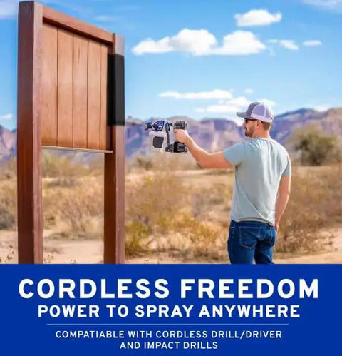 Man using Portable Cordless Drill Connect Paint Sprayer featuring a compact application cup on a wooden fence.