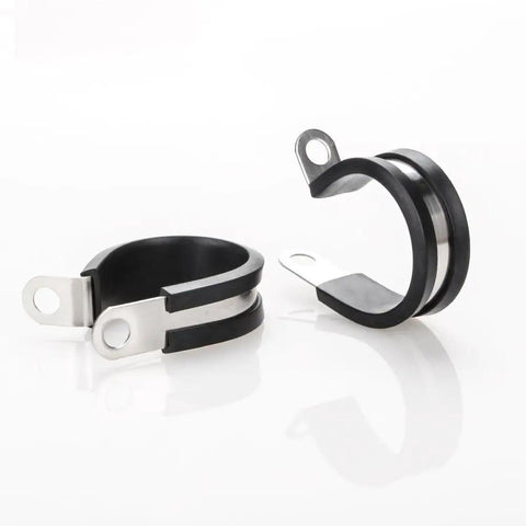 Top Shelf 20 Pack 1 Inch Stainless Steel Cable Clamps With Thick Rubber Cushioned Grip, showing two clamps on a white background.