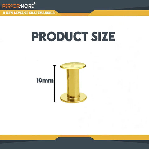 20 Pack Of Chicago Screw Posts With 10mm Brass Plated Finish showing product size for scrapbooking and leather crafts.