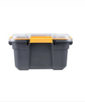 Heavy Duty IP68 Waterproof Plastic Storage Tote Featuring Tough As Nails Gasket Seal And Secure Latches Rugged Gray Bin side view with lid