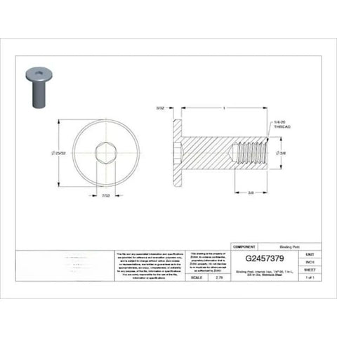 Solid Female Binding Barrel With 1/4 20 Threads And One Inch Length For Tough Jobs Rock Solid Stainless Steel Build Featuring Internal Hex Allen Drive detailed illustration.
