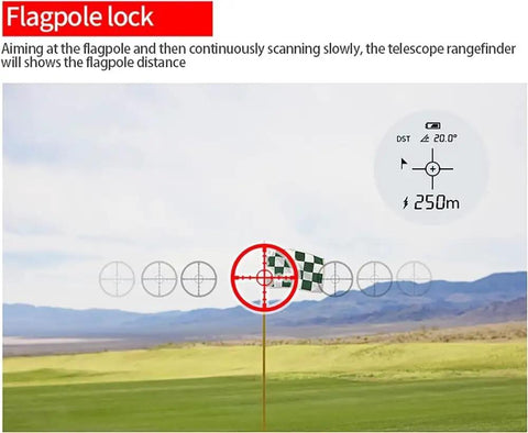 Flagpole lock feature of the 1500M Golf Rangefinder With Color Touch Screen And Slope Compensation Laser Distance Meter.