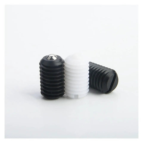 Three Seven Pack M8 Ball Head Plunger Screws with Tough Resin Housings in black and white for quick slide installation.