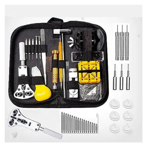 Pro Grade Watch Repair Tool Kit With Link Pin Remover And Shell Opener For Strap Replacement and Hella Precise Timepiece Adjustments No Fuss Gear For DIY Watchmakers Slick Wrenches And Snug Band Fit Kits in an organized black case.