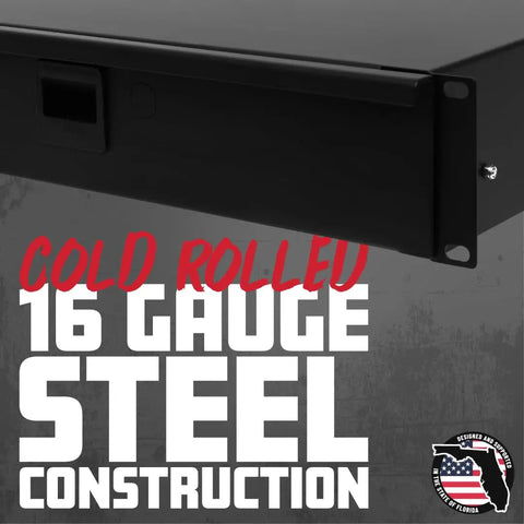 Lockable 2U Wired Microphone Rack Drawer Stores 10 Pro Mics With Tidy Recording Cabling Crafted From Gnarly Heavy Steel, close-up view of 16-gauge steel construction.