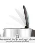 Side view of Soft Top Pure Hot Water Kettle With Easy Pour showing push button lid, brushed stainless steel, and dual water windows.