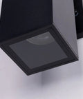 Close-up of a Two Pack Matte Black Outdoor Wall Sconces With Aluminum Rectangular Tube And Tempered Glass Cover IP65 Weatherproof ETL Listed Rust Resistant Patio Porch Lights Bulbs Not Included E26 Base Compatible With Par20 BR20 A19.