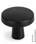 5 Pack Black Round Cabinet Knobs With Kickass Matte Finish And Heavy Duty Zinc Alloy Build Hella Durable For Kitchen Drawers And Dresser Doors Includes Mounting Hardware, close-up view of one knob with screws.