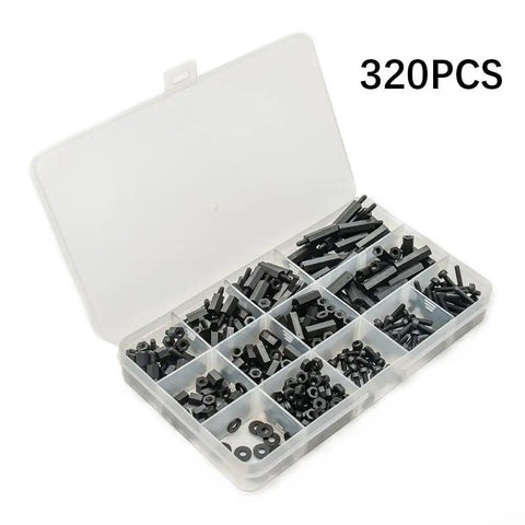 For M3 Nylon Hex Spacer Standoff Kit 320 Pieces Includes M3 Male And Female Screws Nuts Washers And Threaded Pillars For PCB Motherboard Electronics Assembly Lightweight Durable Black Nylon Build Insulated And Resistant, 320-piece organizer box