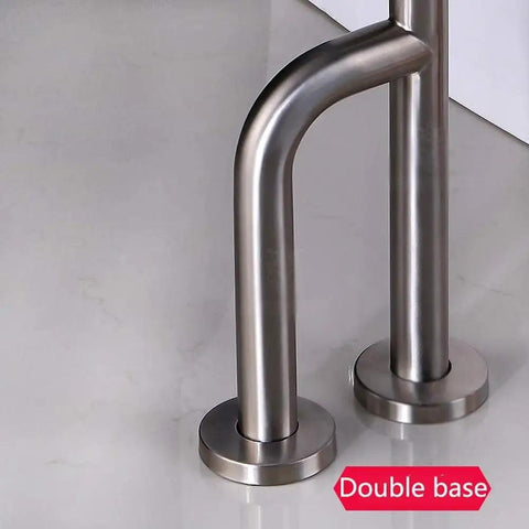 Heavy Duty Toilet Safety Rail 27.5 Inch Bathroom Grab Bar Featuring Brushed Stainless Steel Build close-up of double base for sturdy wall mount installation.
