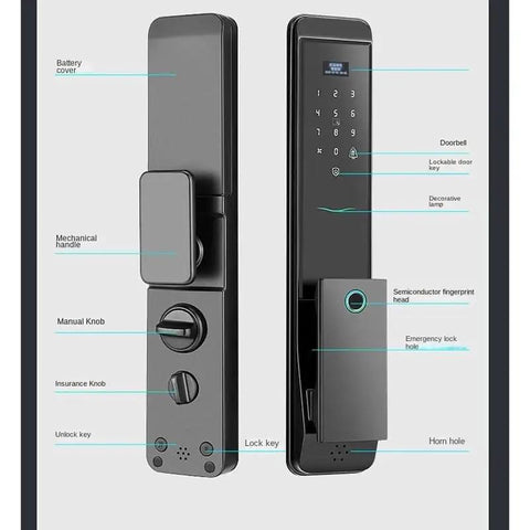 Full Automatic Smart Fingerprint Door Lock With App Remote Unlock Digital Password Zinc Alloy Build shown with details and features.