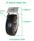 8 Inch Swivel Caster With Flat Free 2.80/2.50-4 Tire Mounted On Rigid Caster Non Marking Sawtooth Tread 275 Lb Capacity