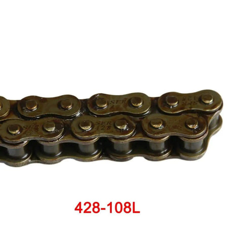 428 108L chain close-up from Rear Axle For Go Kart 32 Inch 810mm Powersports Axle With Tubeless Rain Tires 190mm Disc Rotor Master Caliper 41T Sprocket And 428 108L Chain For ATV Quad Drift Trikes.