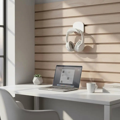 Kick Your Desk Game With 2 Adhesive Headphone Brackets, stick on wall mounted headset hook holder for gaming earphones, white color with wall mount.