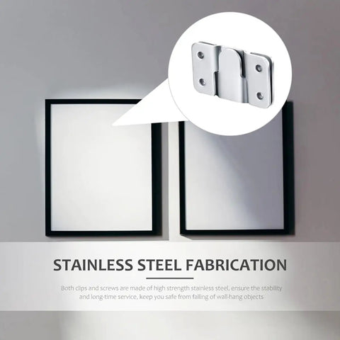 16 Pairs Dang Tough Stainless Steel Interlocking Clip Set Heavy Duty Wall Mount Hooks securing two picture frames securely on a wall.