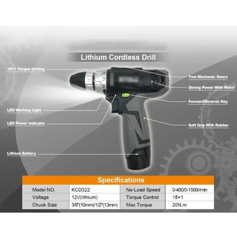 Badass Rechargeable Two-Speed Drill and Screwdriver Combo with 10mm Chuck and Reverse Toggle showing design and features.