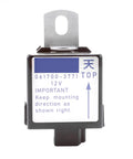 Front view of stop solenoid relay, 12V, black plastic housing with a metal mounting tab.