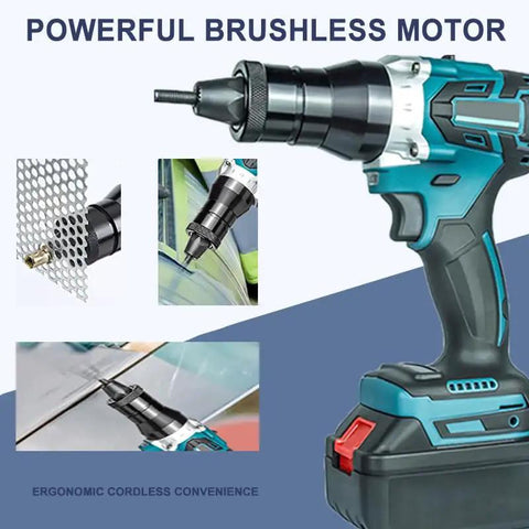 Professional Grade Heavy Duty Cordless Rivet Gun With Smart Memory Mode And Quiet Brushless Motor For Absolutely No Sweat Assembly Of Aluminum And Iron Rivet Nut Kits close-up of the brushless motor and tool head