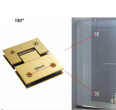 Heavy Duty 135 Degree Glass Door Hinge With Dope Brushed Gold Finish And Rust Resistant 304 Stainless Steel showcased at 180 degrees, showing dimensions.