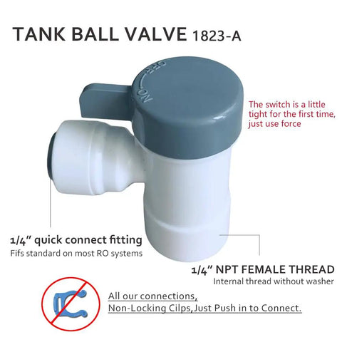 Top Shelf 10 Pack Of 1/4 Inch Push To Connect Ball Valves With Npt Threads And Female Elbow Shutoff Fittings For Ro Systems Water Filters Kitchen Plumbing And Drip Irrigation No Sweat Install Guaranteed, showcasing a tank ball valve with quick connect fitting.