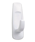 Large Plastic Utility Hook Set Four Pack Holds Up To Five Pounds Per Hook With Damage Free Hanging Strips Included Easy To Install No Nails Needed Removable From Many Surfaces White single hook front view.