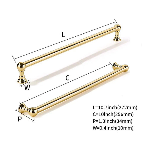 10 Pack 10 Inch Center To Center Cabinet Pulls Rock Solid Heavy Duty Polished Brass Drawer Handles detailed size measurements.