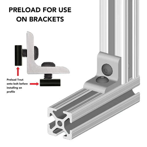 Preload T-nut image showing installation on 1 Inch aluminum profile with black zinc coated hardware.