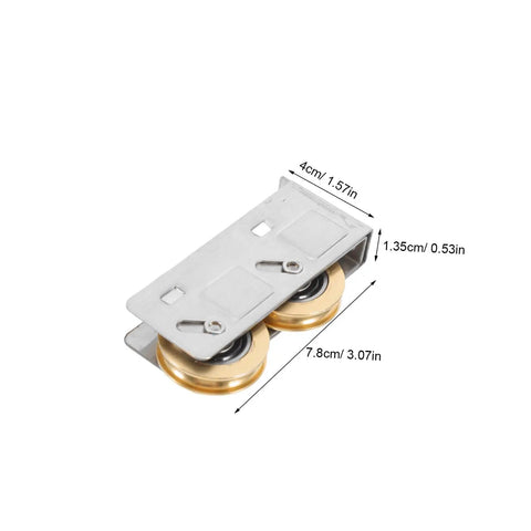 Get Your Track Setup Running Like Butter With These Heavy Duty Sliding Door And Window Pulleys Crafted From Premium Stainless Steel And Fitted With Dual Copper Wheels For Effortless Everyday Glide, showing silver pulley with two copper wheels.