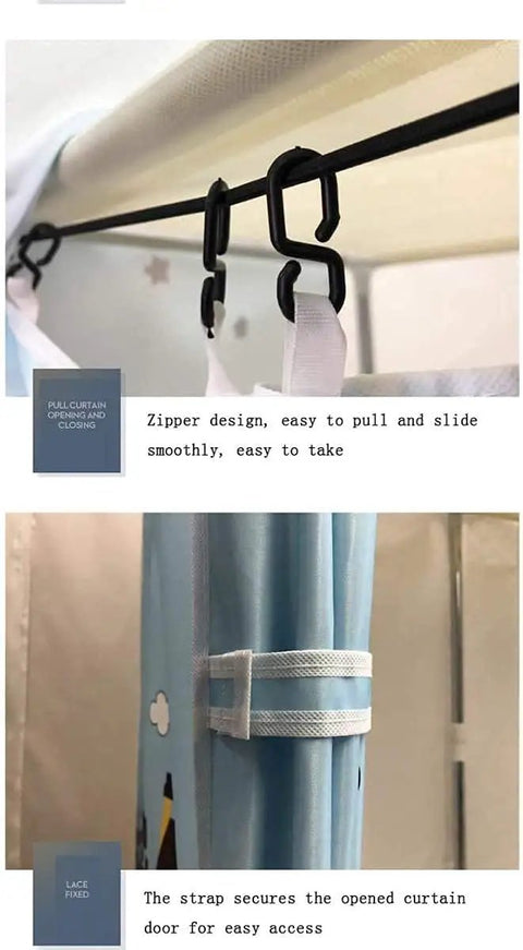 No Tools Needed Quick Snap Together Folding Wardrobe Portable Clothes Hanging Organizer Space Saving Storage Rack For Hallway Guest Room Living Bedroom Easy Setup Compact zipper design in use with hooks on a black rod.