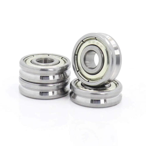 Premium Precision V Groove Sealed Ball Bearings For Pulley Wheels And Linear Guide Tracks 5X16X5 And 5X19X6 mm shown in a stack.
