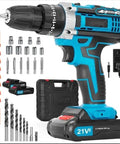 21V Cordless Drill Set Featuring A 3/8 Inch Keyless Chuck For Hassle Free Bit Swaps And Consistent Power with accessories.