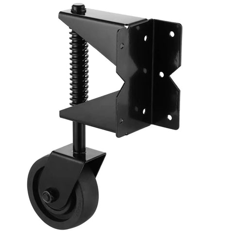 Heavy Duty Spring Loaded Gate Caster With Adjustable Roller For Easy Swing And Zero Sag On Wood Or Metal Yard Fences Featuring Swivel Mount Plate with black finish.