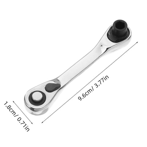 Close-up of Heavy Duty Mini Ratchet Wrench 2 Pc Double Ended Socket Set Featuring A Smooth 72 Tooth Quick Release Drive, 9.6cm long.