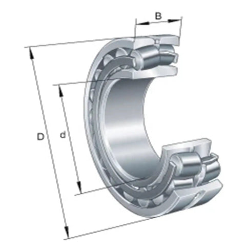 Professional Grade Self Aligning Spherical Roller Bearings 45mm X 100mm X 25mm Cylindrical Bore, cutaway view.