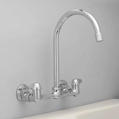 Two Handle High Arc Wall Mount Kitchen Faucet With 6.7 Inch Spout Height 8 Inch Reach Adjustable 7 To 9 Inch Center Distance Brass Body With Solid Chrome Build Ceramic Drip Free Cartridges Water Saving 1.8 Gpm ASME A112.18.1 CSA B125 Certified installed over sink.