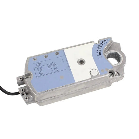 Heavy Duty 3 Position Rotary Air Damper Actuator With Rock Solid 35 Nm Torque And Snappy 150 Second Response For Main Air Ducts Up To 6 Square Meters That Plays Nice With Controls Always, showing a silver and blue actuator side view.