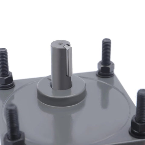 Front view of gray 110V AC gear reduction motor with vertical output shaft and four mounting bolts