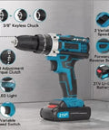 21V Cordless Drill Set Featuring A 3/8 Inch Keyless Chuck For Hassle Free Bit Swaps and Consistent Power tailored for home upgrades.