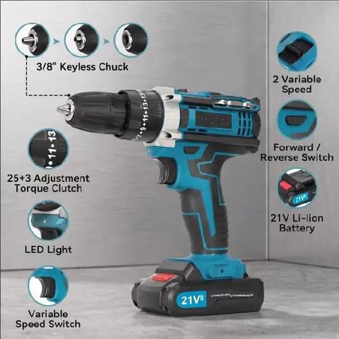 21V Cordless Drill Set Featuring A 3/8 Inch Keyless Chuck For Hassle Free Bit Swaps and Consistent Power tailored for home upgrades.
