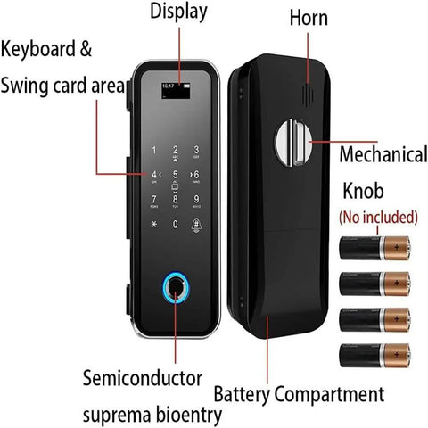 Heavy Duty Fingerprint Smart Deadbolt Lock With Numeric Keypad And Password Access Featuring No Fuss Keyless Entry Installation features display, keypad, and battery compartment.