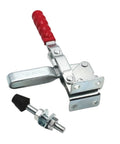 Heavy Duty Quick Release Vertical Toggle Clamp Kickass Workshop Tool with red handle and metal base for woodworking.